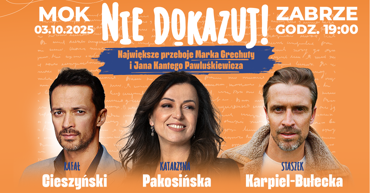 pomarańczowy baner z wizerunkami artystów